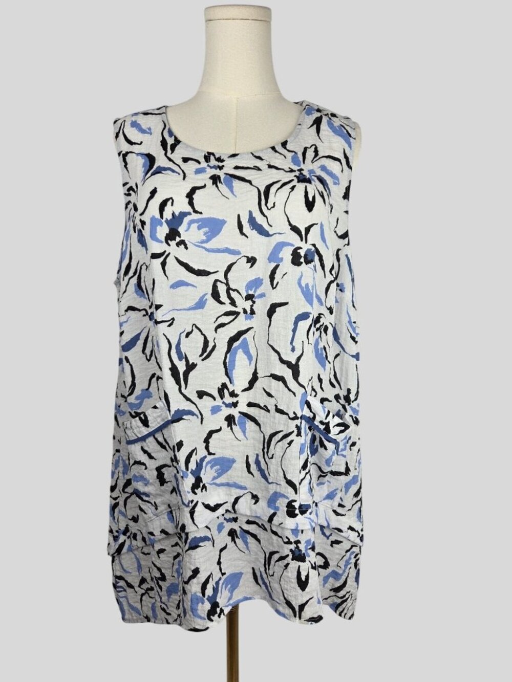 Habitat Abstract Floral Sleeveless High-Low Tunic Dress Blue White Large Coastal